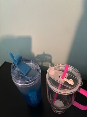 Clear Pink Handle Glass Cup & Blue Ombre Straw Dunkin Donuts Cup - Set of 2